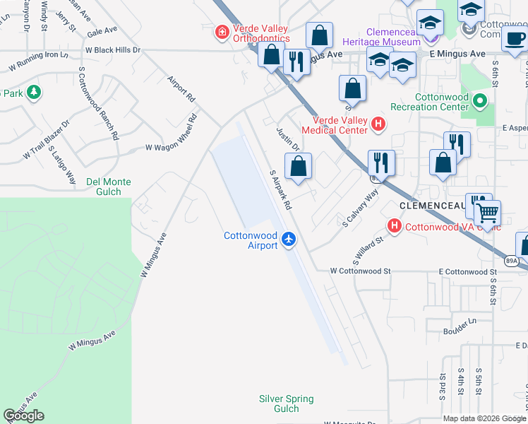 map of restaurants, bars, coffee shops, grocery stores, and more near 6465 Airpark Road in Cottonwood