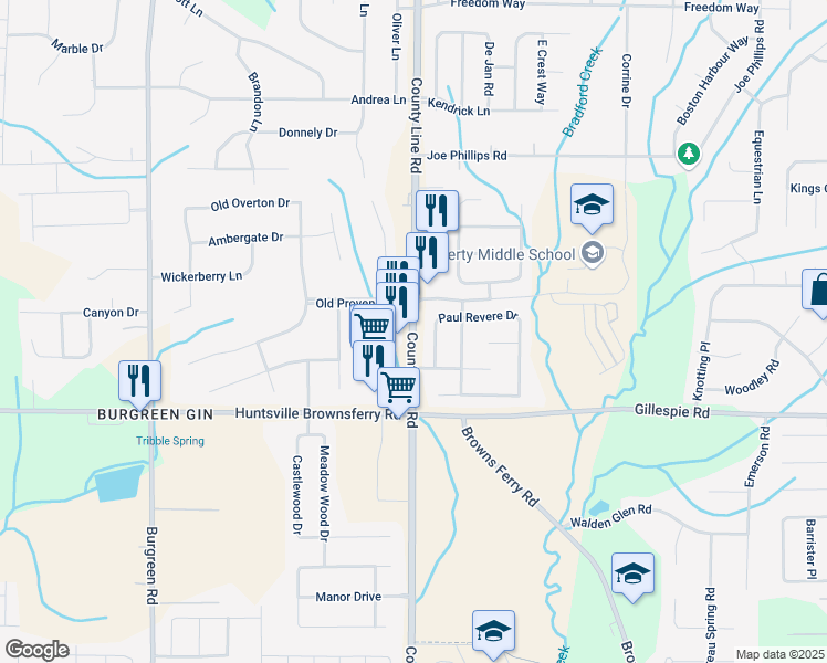 map of restaurants, bars, coffee shops, grocery stores, and more near 12100 County Line Road in Madison