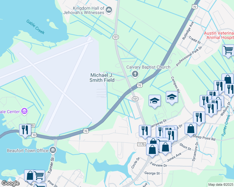 map of restaurants, bars, coffee shops, grocery stores, and more near 114 Park Avenue in Beaufort