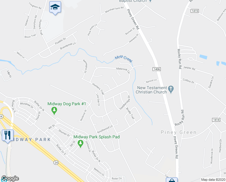 map of restaurants, bars, coffee shops, grocery stores, and more near 2610 Idlebrook Circle in Piney Green