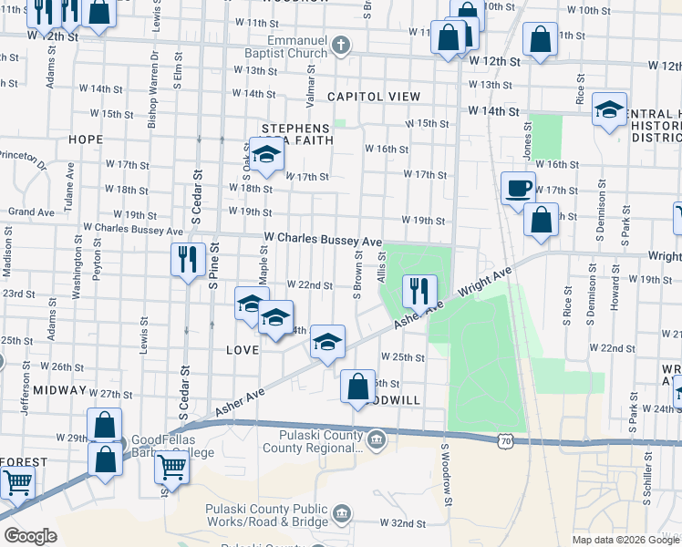 map of restaurants, bars, coffee shops, grocery stores, and more near 2201 Martin Street in Little Rock