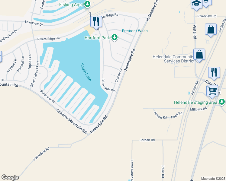 map of restaurants, bars, coffee shops, grocery stores, and more near 26629 Blue Water Road in Helendale