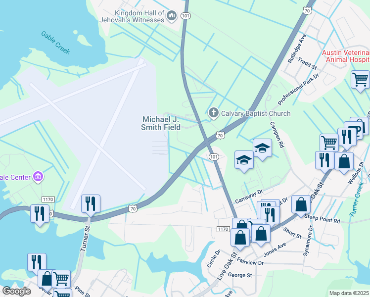 map of restaurants, bars, coffee shops, grocery stores, and more near 114 Park Avenue in Beaufort