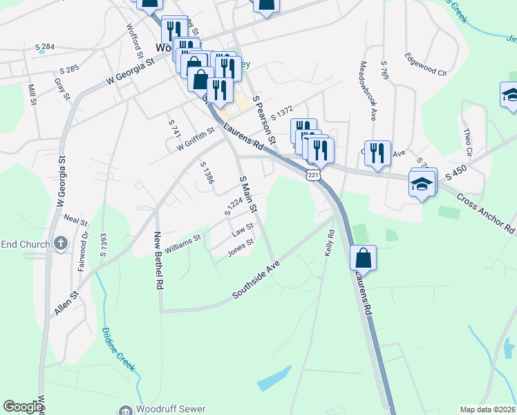 map of restaurants, bars, coffee shops, grocery stores, and more near 815 South Main Street in Woodruff