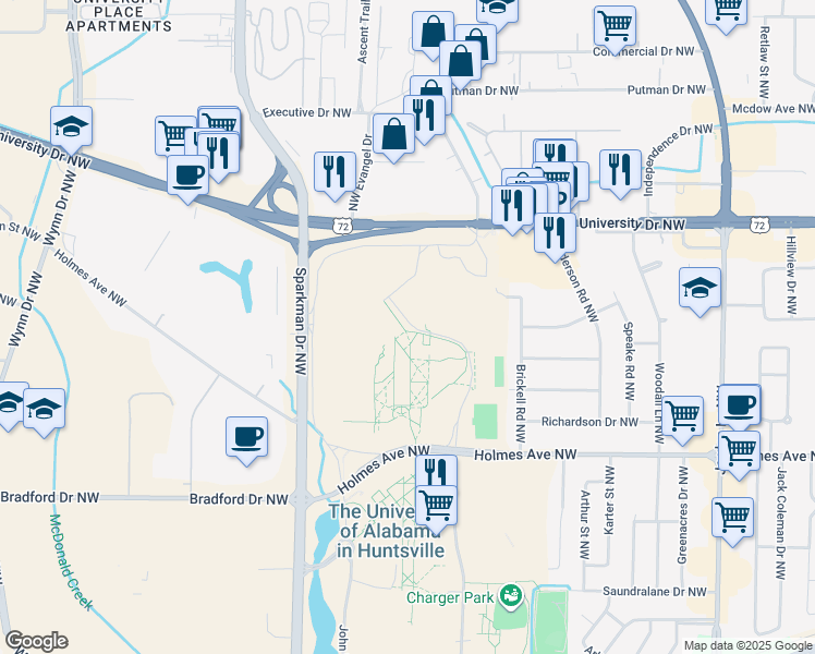 map of restaurants, bars, coffee shops, grocery stores, and more near 1610 Ben Graves Drive Northwest in Huntsville