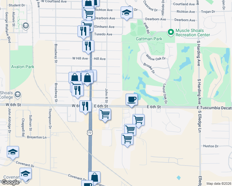 map of restaurants, bars, coffee shops, grocery stores, and more near 700-798 Candler Avenue in Muscle Shoals