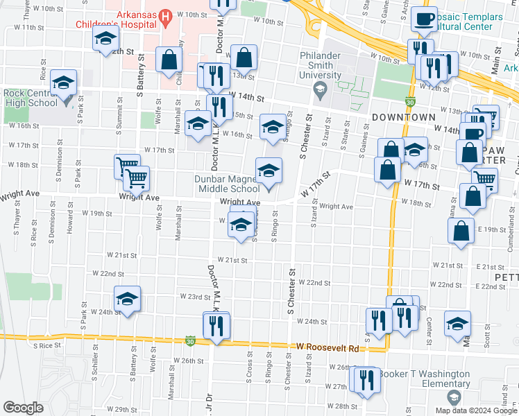map of restaurants, bars, coffee shops, grocery stores, and more near 1857 South Cross Street in Little Rock