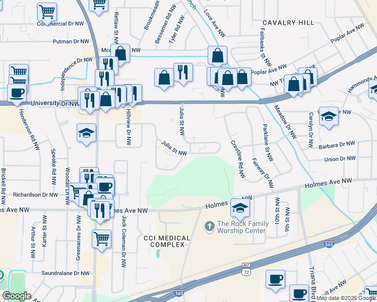 map of restaurants, bars, coffee shops, grocery stores, and more near 900 Julia Street Northwest in Huntsville