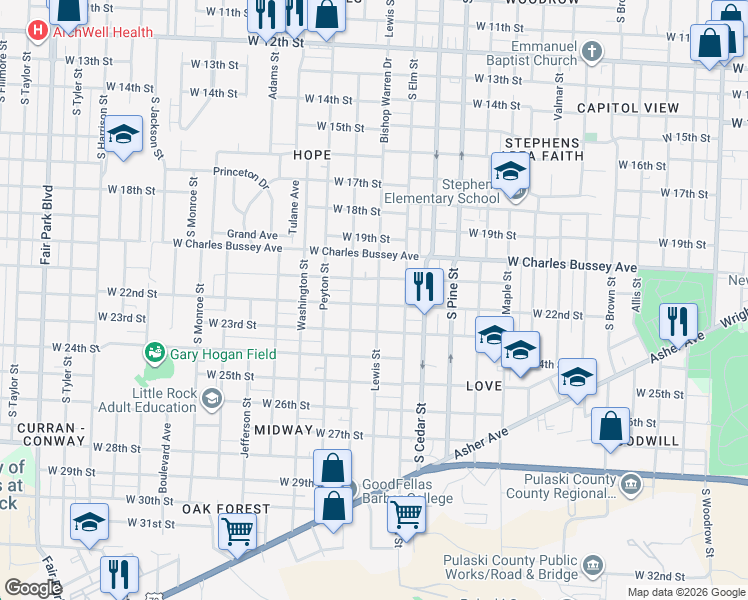 map of restaurants, bars, coffee shops, grocery stores, and more near 4124 West 23rd Street in Little Rock