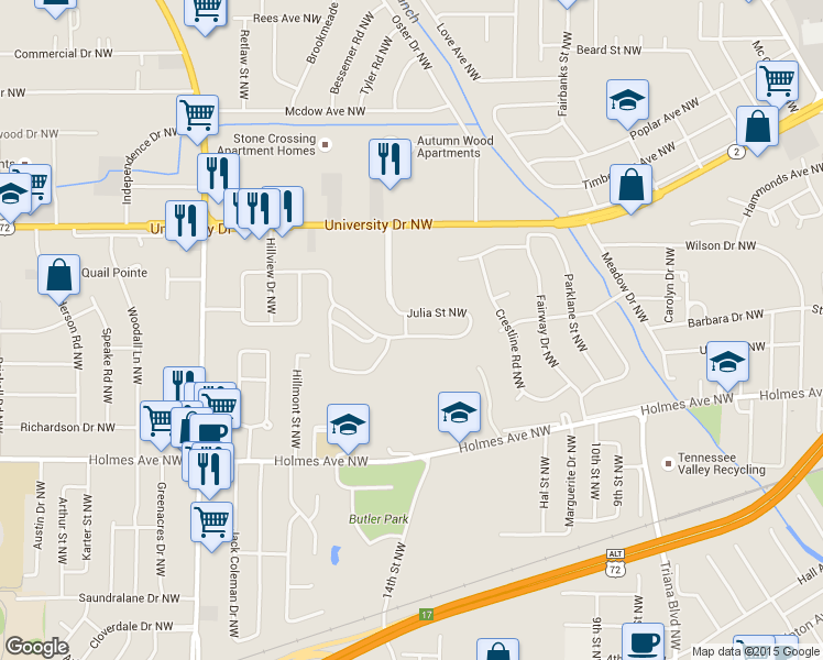 map of restaurants, bars, coffee shops, grocery stores, and more near 3607 North Crestview Drive Northwest in Huntsville