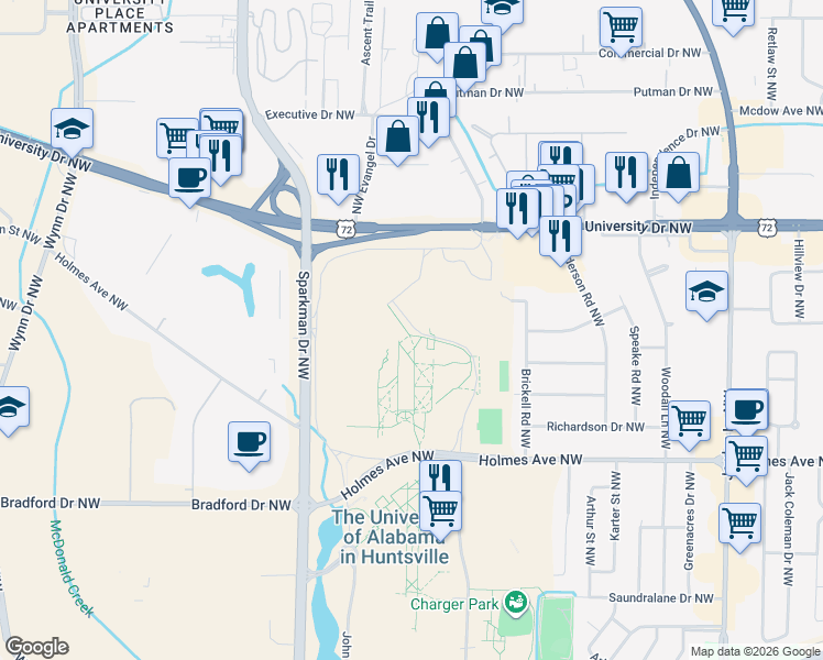 map of restaurants, bars, coffee shops, grocery stores, and more near University Cir in Huntsville