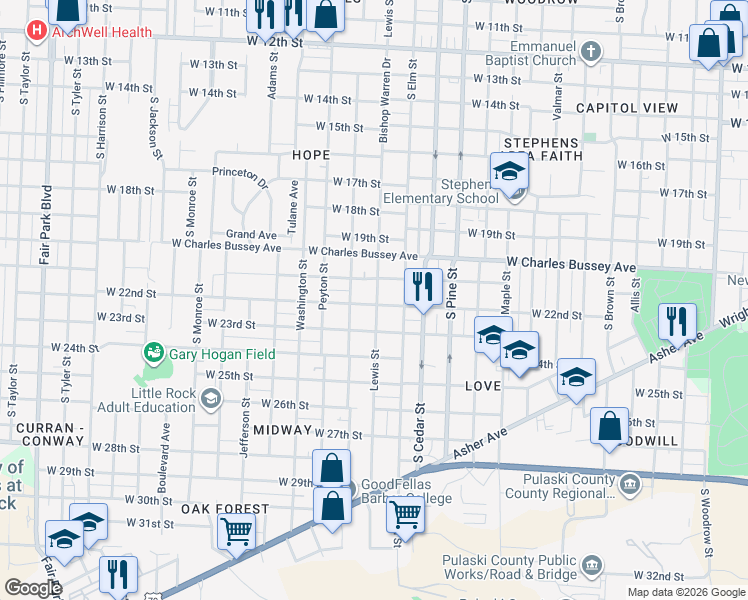 map of restaurants, bars, coffee shops, grocery stores, and more near 4124 West 23rd Street in Little Rock