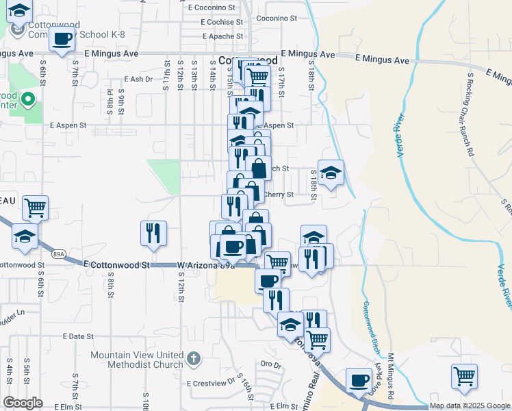 map of restaurants, bars, coffee shops, grocery stores, and more near 455 S Main St in Cottonwood