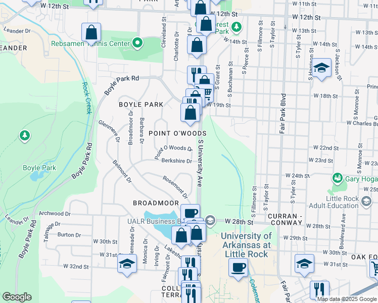 map of restaurants, bars, coffee shops, grocery stores, and more near 64 Berkshire Drive in Little Rock