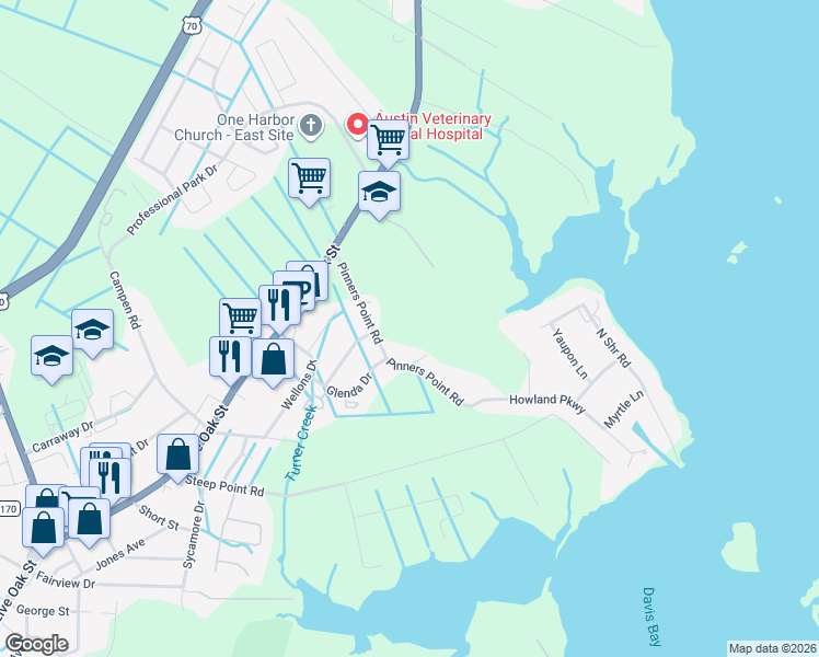 map of restaurants, bars, coffee shops, grocery stores, and more near 207 Pinners Point Road in Beaufort