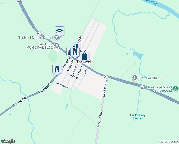 map of restaurants, bars, coffee shops, grocery stores, and more near 60 Robeson Street in Tar Heel