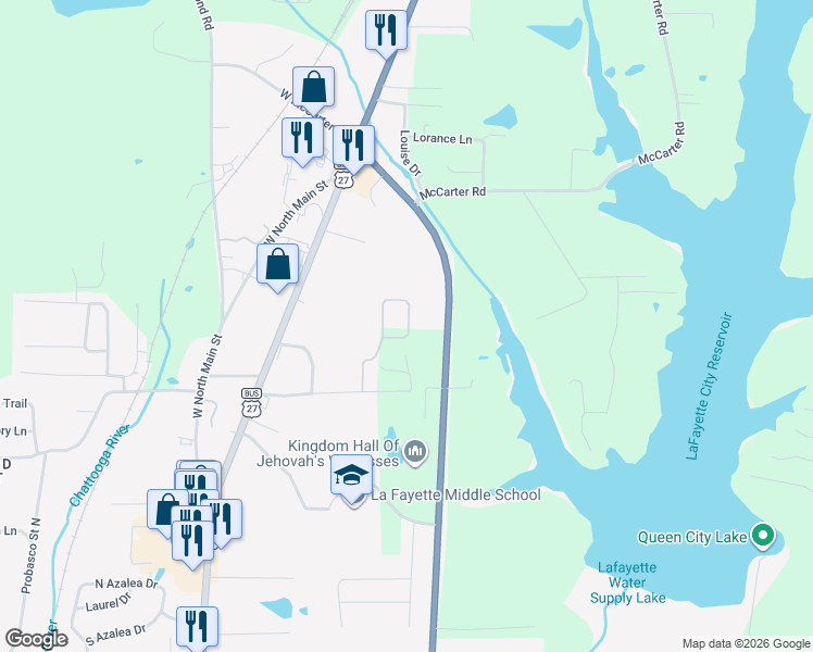 map of restaurants, bars, coffee shops, grocery stores, and more near 307 Stanfield Road in LaFayette