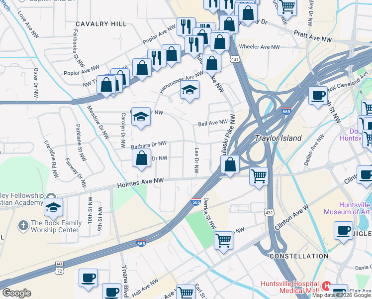 map of restaurants, bars, coffee shops, grocery stores, and more near 1004 Wilson Drive Northwest in Huntsville