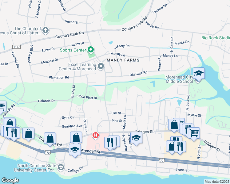 map of restaurants, bars, coffee shops, grocery stores, and more near 517 Asby Lane in Morehead City