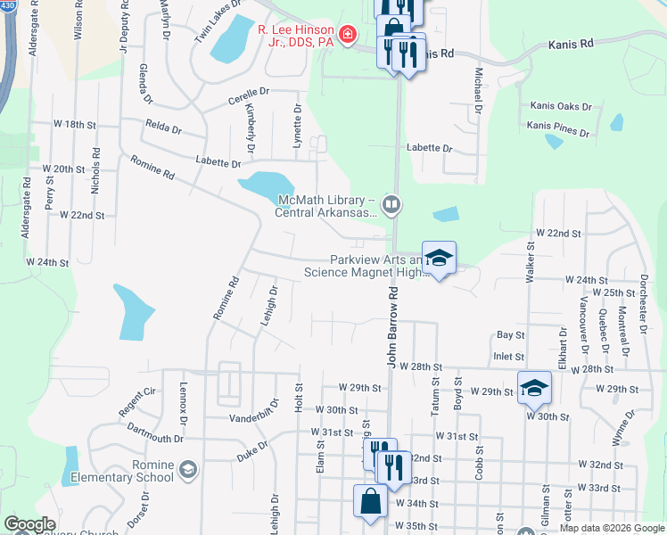 map of restaurants, bars, coffee shops, grocery stores, and more near 9102 Tanya Drive in Little Rock