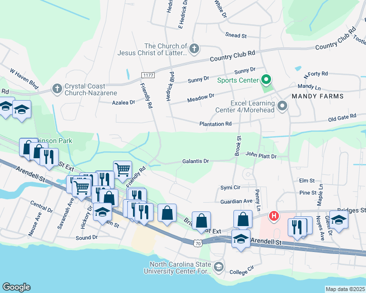 map of restaurants, bars, coffee shops, grocery stores, and more near 504 Hedrick Boulevard in Morehead City