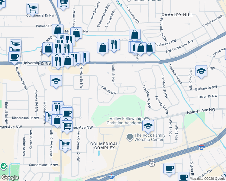 map of restaurants, bars, coffee shops, grocery stores, and more near 505 Julia Street Northwest in Huntsville