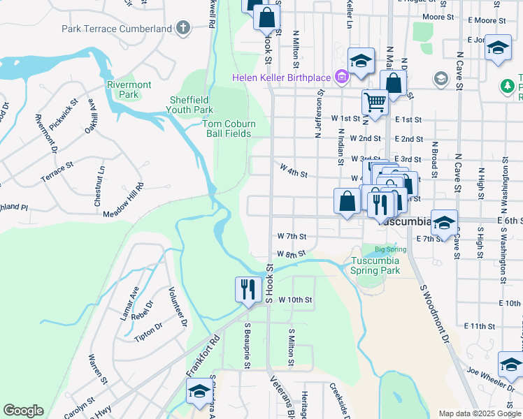 map of restaurants, bars, coffee shops, grocery stores, and more near 600-698 West 5th Street in Tuscumbia