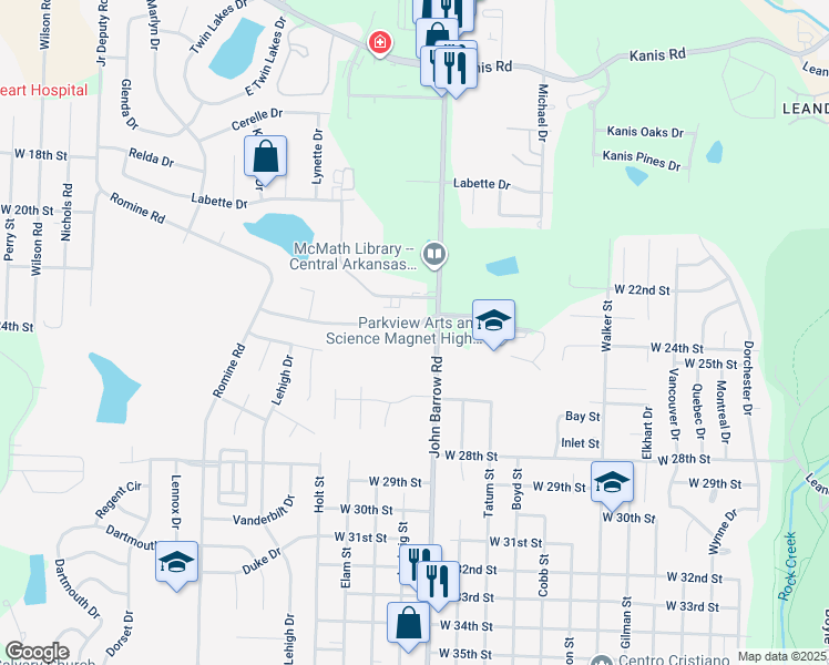 map of restaurants, bars, coffee shops, grocery stores, and more near 8800 Tanya Drive in Little Rock