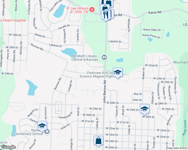 map of restaurants, bars, coffee shops, grocery stores, and more near 8916 Tanya Drive in Little Rock