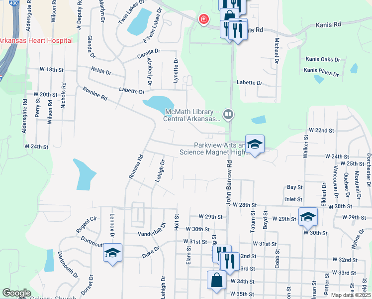 map of restaurants, bars, coffee shops, grocery stores, and more near 9102 Tanya Drive in Little Rock