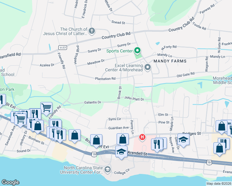 map of restaurants, bars, coffee shops, grocery stores, and more near 501 Brooks Street in Morehead City