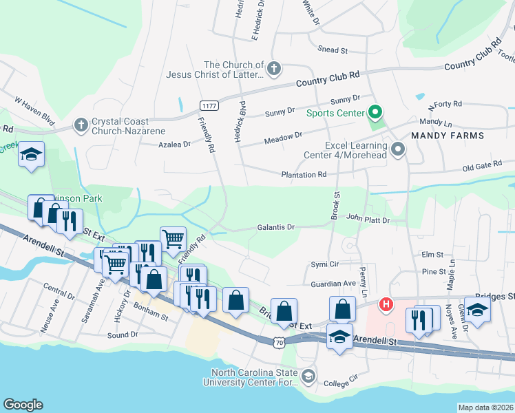 map of restaurants, bars, coffee shops, grocery stores, and more near 4000 Galantis Drive in Morehead City