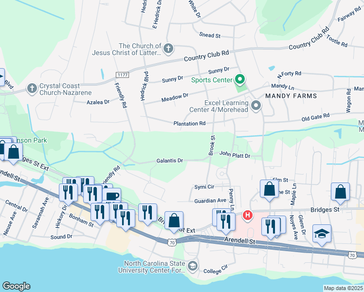map of restaurants, bars, coffee shops, grocery stores, and more near 3822 Galantis Drive in Morehead City