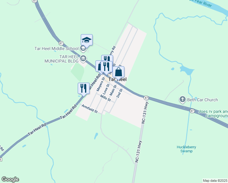 map of restaurants, bars, coffee shops, grocery stores, and more near 69 Main Street in Tar Heel