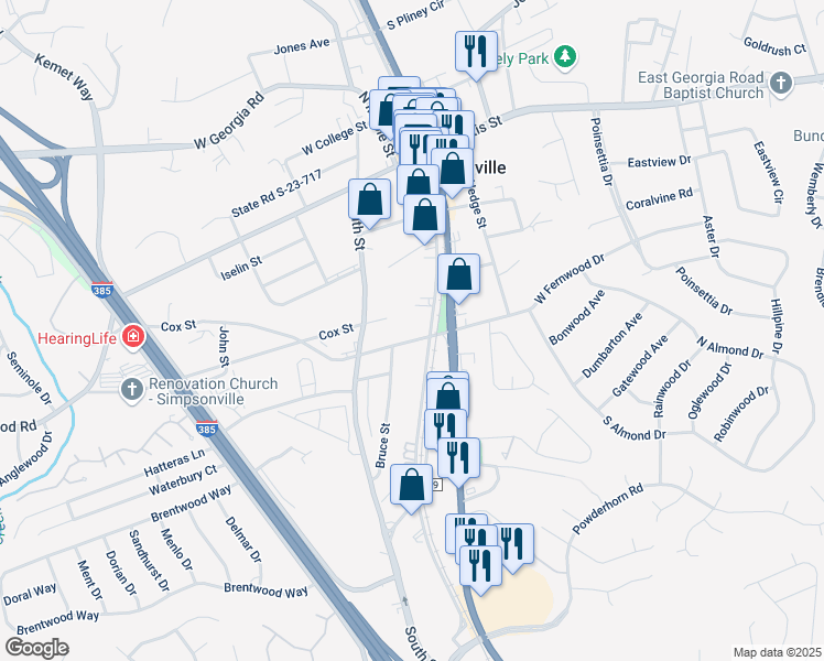 map of restaurants, bars, coffee shops, grocery stores, and more near 312 Southeast Main Street in Simpsonville