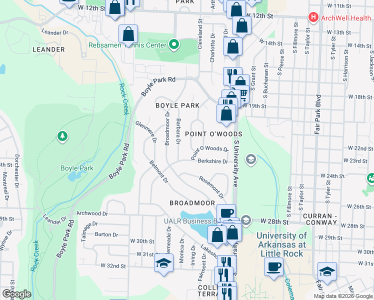 map of restaurants, bars, coffee shops, grocery stores, and more near 22 Holly Hill Road in Little Rock