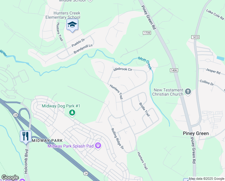 map of restaurants, bars, coffee shops, grocery stores, and more near 224 Live Oak Court in Piney Green