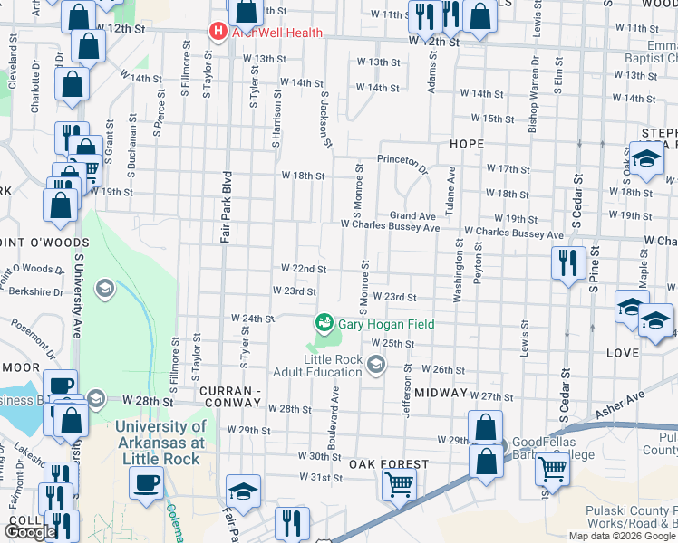 map of restaurants, bars, coffee shops, grocery stores, and more near Little Creek Road in North Little Rock