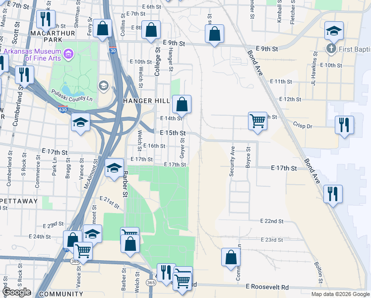 map of restaurants, bars, coffee shops, grocery stores, and more near 1513 Geyer Street in Little Rock