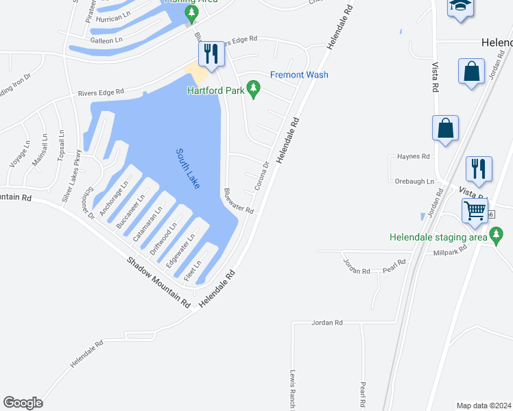 map of restaurants, bars, coffee shops, grocery stores, and more near 26433 Corona Drive in Helendale