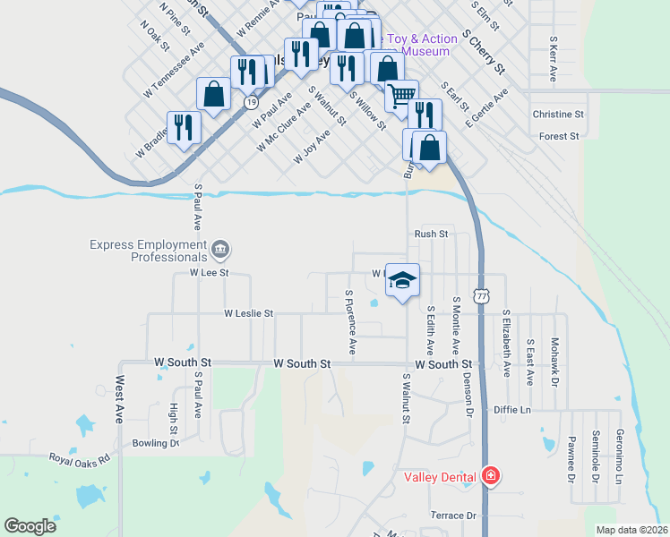 map of restaurants, bars, coffee shops, grocery stores, and more near 211 South Florence Avenue in Pauls Valley