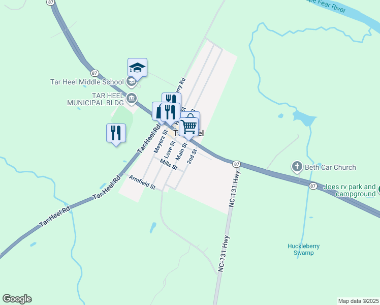 map of restaurants, bars, coffee shops, grocery stores, and more near 105 Robeson Street in Tar Heel