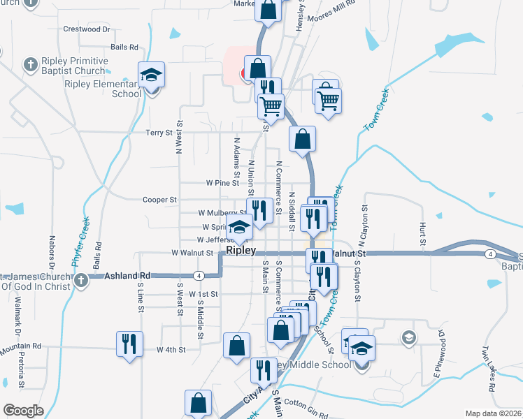map of restaurants, bars, coffee shops, grocery stores, and more near 301 North Main Street in Ripley