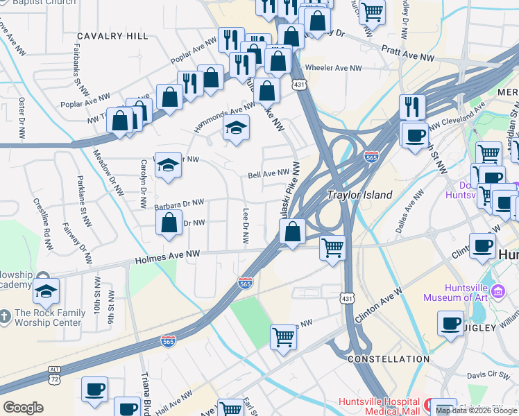map of restaurants, bars, coffee shops, grocery stores, and more near 1004 Lee Drive Northwest in Huntsville