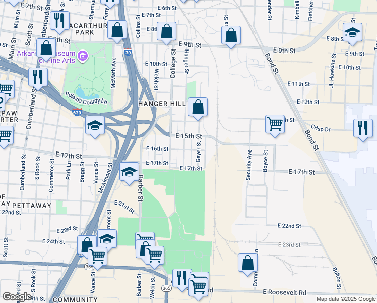 map of restaurants, bars, coffee shops, grocery stores, and more near 1514 Hanger Street in Little Rock