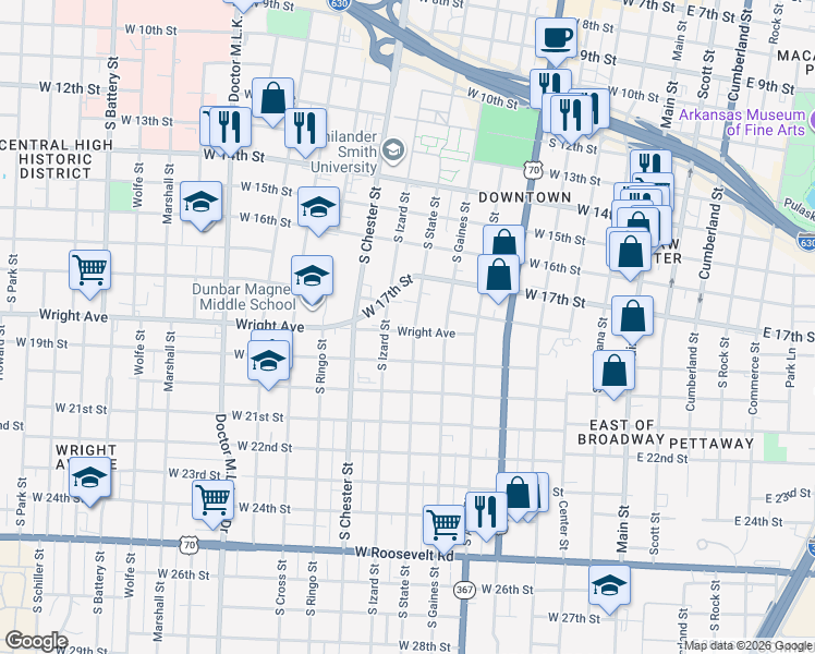 map of restaurants, bars, coffee shops, grocery stores, and more near 1801 South Izard Street in Little Rock