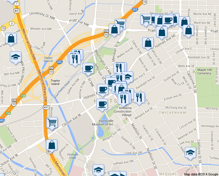 map of restaurants, bars, coffee shops, grocery stores, and more near 123 Jefferson St N in Huntsville