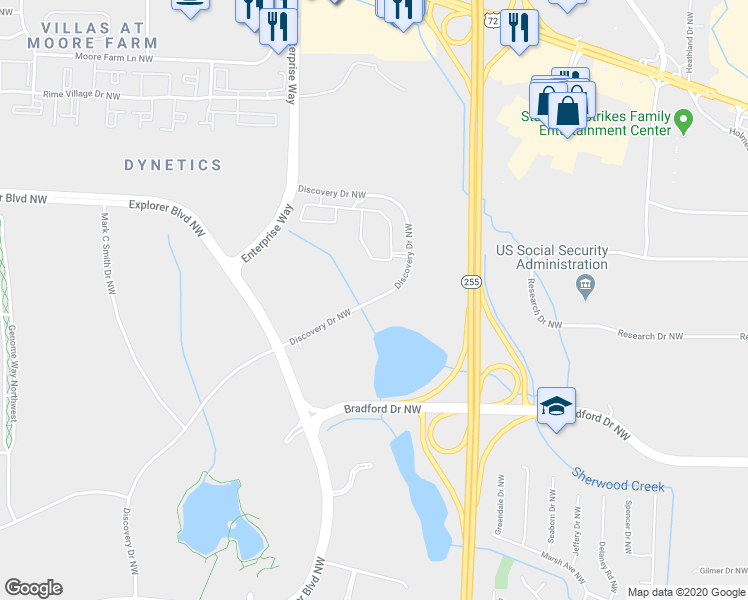 map of restaurants, bars, coffee shops, grocery stores, and more near 620 Discovery Drive Northwest in Huntsville