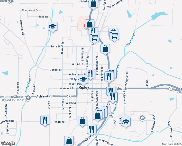 map of restaurants, bars, coffee shops, grocery stores, and more near 301 North Main Street in Ripley