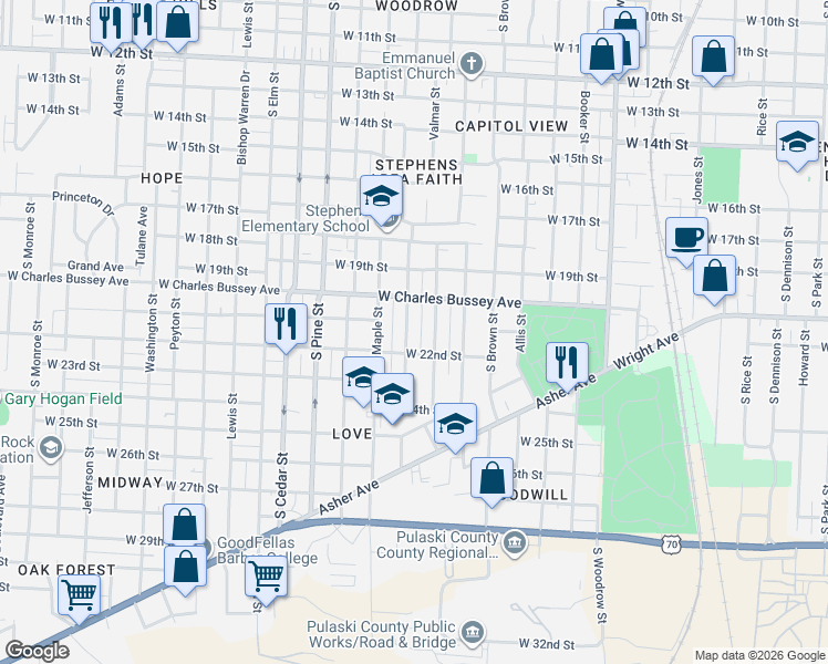 map of restaurants, bars, coffee shops, grocery stores, and more near 2008 Valmar Street in Little Rock